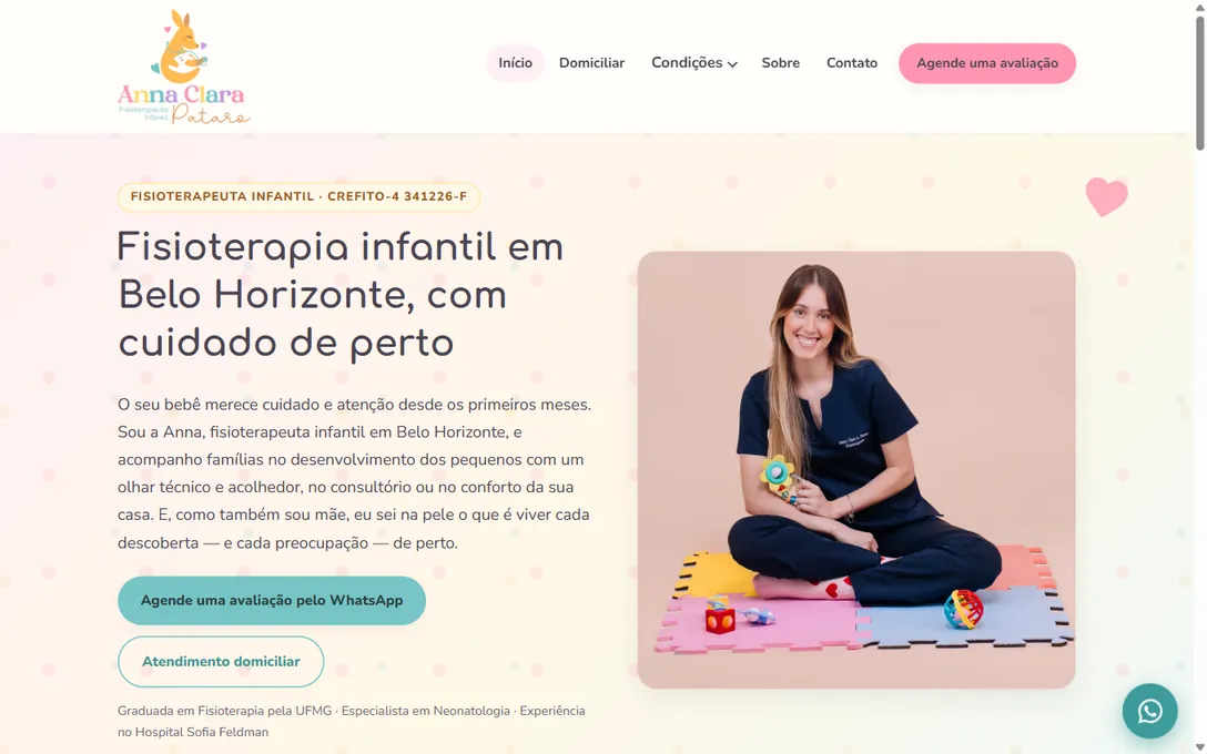 Página inicial do site de Anna Pataro, com o título sobre fisioterapia infantil em Belo Horizonte