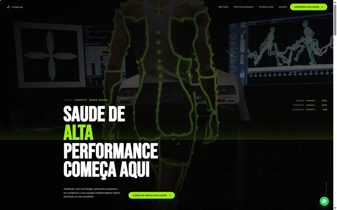 Página inicial do site da Vitaclub, escura, com o título sobre saúde de alta performance