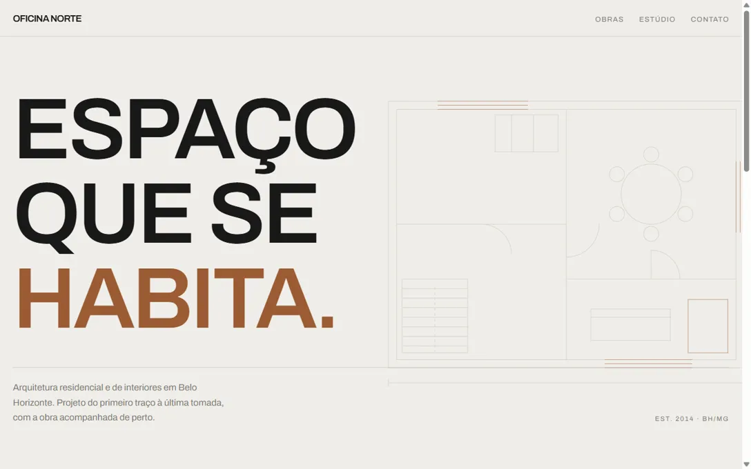 Página inicial do escritório Oficina Norte, fundo claro e tipografia enorme